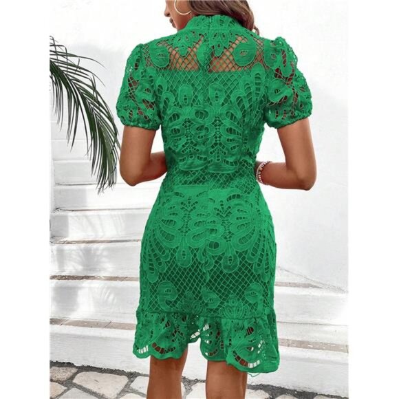 NEW‎ - Women Summer Solid Color Stand Collar Lace Short Puff Sleeve Elegant - Picture 2 of 9